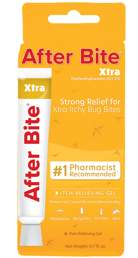 Packaging of After Bite Xtra Itch Relieving Gel in a tube with a yellow and white color scheme, labeled for relief of itchy bug bites.