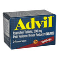 Box of Advil Ibuprofen 200 mg Pain Reliever/Fever Reducer with 24 coated tablets.