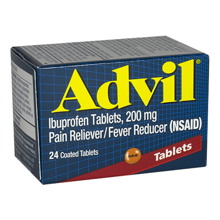 Box of Advil Ibuprofen 200 mg Pain Reliever/Fever Reducer with 24 coated tablets.