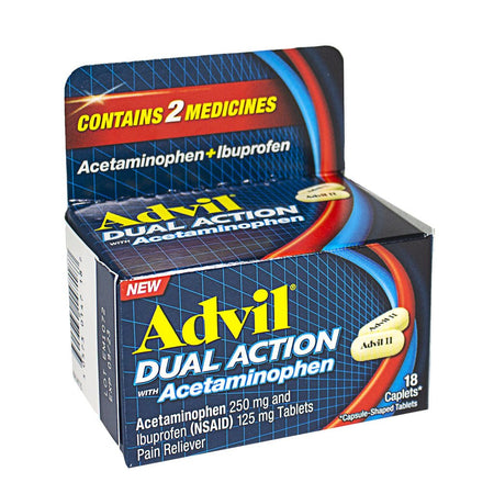 Box of Advil Dual Action with Acetaminophen, containing 18 capsules, indicating it is a pain relief medication.