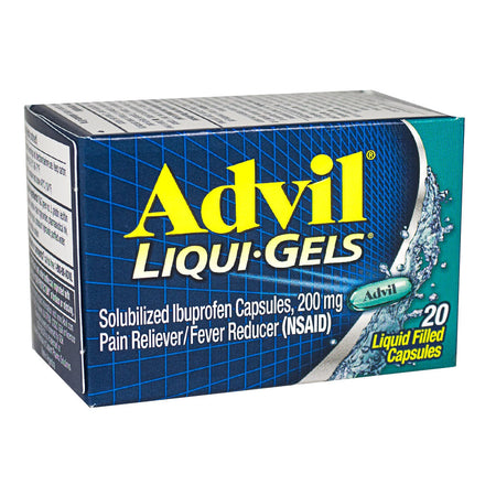Box of Advil Ibuprofen Liqui-Gels with 200 mg pain reliever/fever reducer, containing 20 liquid-filled capsules.