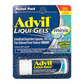 Packaging of Advil Liqui-Gels Minis showing a vial with 8 liquid filled capsules for pain relief.