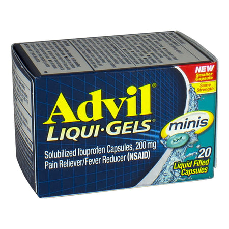 Box of Advil Liqui-Gels Minis containing 20 liquid filled capsules for pain relief.