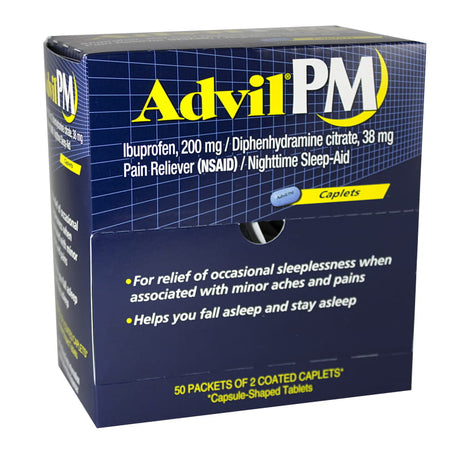 Box of Advil PM Ibuprofen caplets, with indication for pain relief and nighttime sleep aid.
