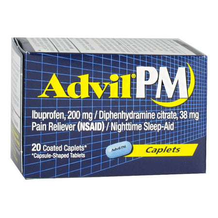 Box of 20 Advil PM Ibuprofen capsules with the packaging indicating it is a pain reliever and nighttime sleep-aid.
