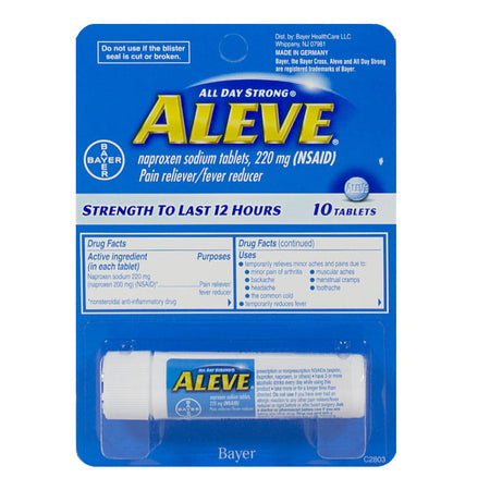 A vial of 10 Aleve tablets for pain relief in a blister pack.