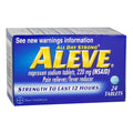 Box of Aleve pain relief tablets with 24 tablets inside, indicating 220 mg naproxen sodium, marketed for pain relief and fever reduction.