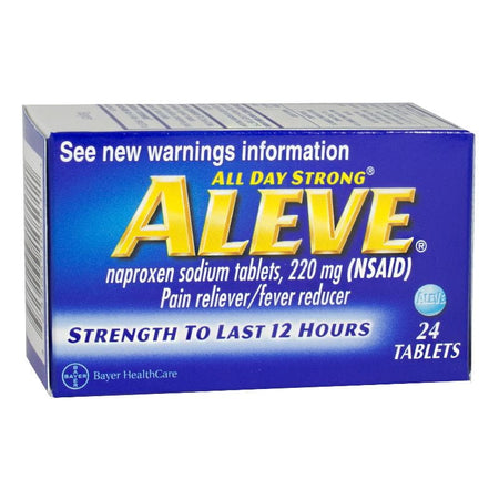 Box of Aleve pain relief tablets with 24 tablets inside, indicating 220 mg naproxen sodium, marketed for pain relief and fever reduction.