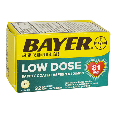 Box of Bayer Low Dose Aspirin, 81 mg, containing 32 enteric coated tablets.