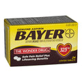 Box of 24 Bayer aspirin tablets with a label indicating it is a pain reliever and fever reducer.