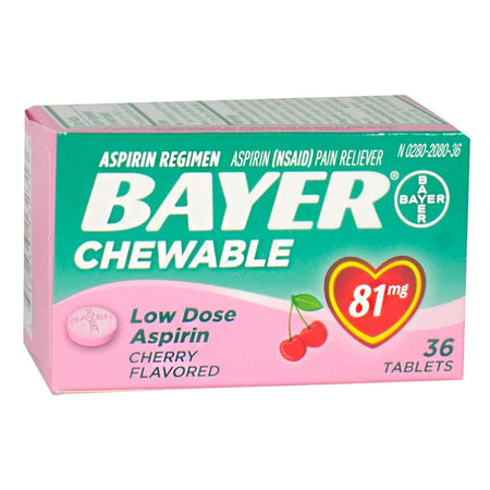 Box of 36 Bayer low dose aspirin tablets with cherry flavor, packaging indicates it is for pain relief.