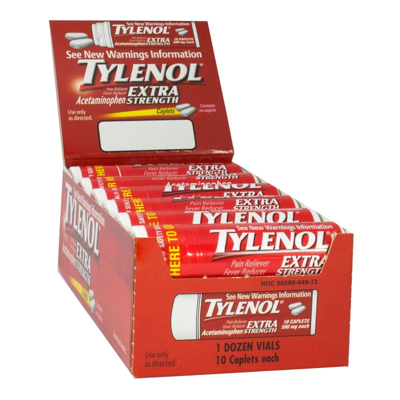 TYLENOL Extra Strength Caplet Vial Rack Pack 12 vials × 10 caplets product package