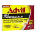 Box of Advil Sinus Congestion & Pain relief containing 10 coated tablets with active ingredients listed on the packaging.