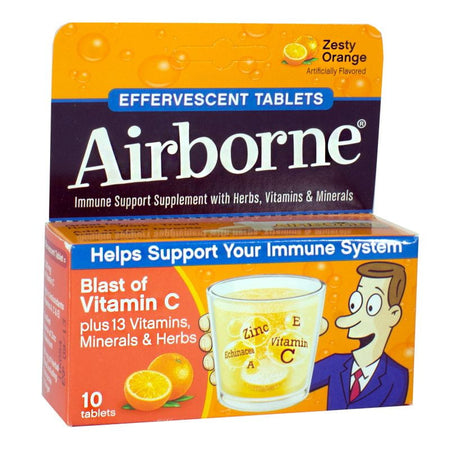 Box of Airborne effervescent tablets in orange flavor. With vitamin C and immune support.