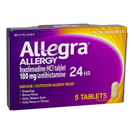 A box of Allegra Allergy 24 Hour Relief with 5 tablets inside. The packaging is purple and yellow with text detailing the product name, active ingredient (fexofenadine HCl), and its use for indoor and outdoor allergy relief.