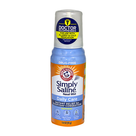 A 1.6 oz Arm & Hammer Simply Saline Nasal Mist packaging, featuring a blue and orange spray bottle with branding and product information.