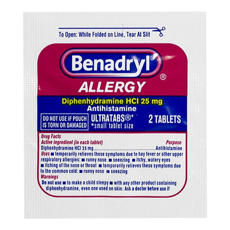 A packet of Benadryl Allergy Ultratabs, containing 25 mg Diphenhydramine HCl, with a label showing the brand, product name, and dosage information.