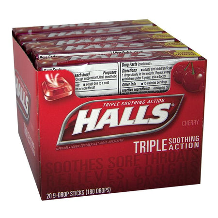 Halls Cough Suppressant Cherry Drops - Stick of 9 Drops - All Travel Sizes