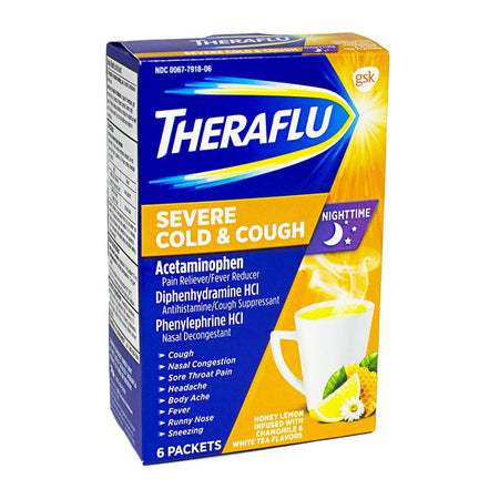 Theraflu Severe Cold & Cough Nighttime - Box of 6 Packets - All Travel Sizes