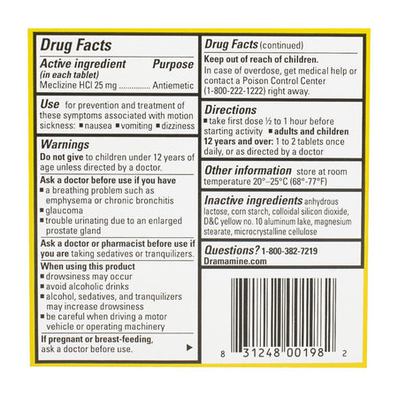 Dramamine Motion Sickness Relief Less Drowsy Tablets - Vial of 8 - All Travel Sizes