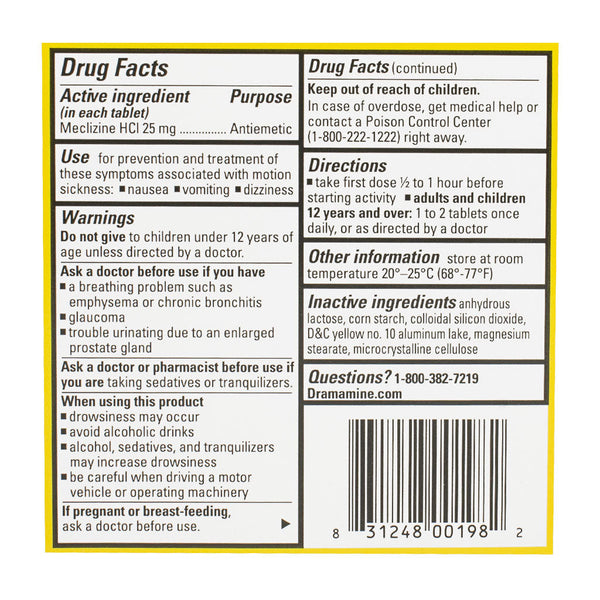 Dramamine Motion Sickness Relief Less Drowsy Tablets - Vial of 8