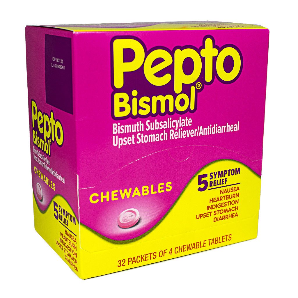 Pepto-Bismol Original Chewables Dispenser Box 32 packets x 4 tablets product package
