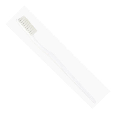 A single tuft nylon toothbrush with white bristles and a white handle.