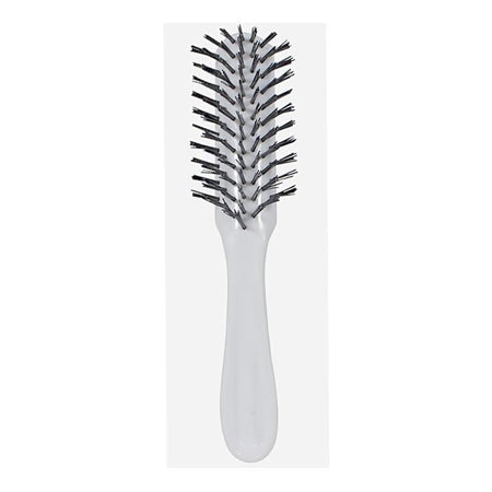 A white hairbrush with black bristles, polybagged packaging.
