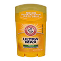 A yellow stick of 1 oz Arm & Hammer Ultramax Fresh Antiperspirant with a label indicating it reduces underarm sweat due to stress.