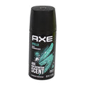 A 1 oz can of Axe Body Spray Apollo in a teal color with product details and branding visible.