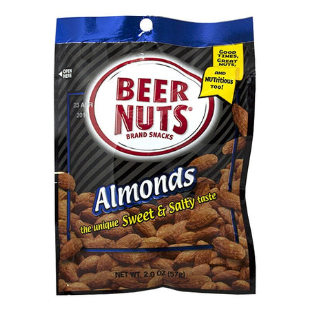 A bag of Beer Nuts brand Sweet & Salty Almonds, 2 oz in size, with the product prominently displayed against a white background.