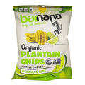 A package of Barnana Organic Plantain Chips with Acapulco Lime flavor. The packaging is predominantly green and white, with images of plantains, a lime, and a chameleon.