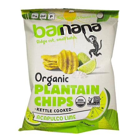 A package of Barnana Organic Plantain Chips with Acapulco Lime flavor. The packaging is predominantly green and white, with images of plantains, a lime, and a chameleon.