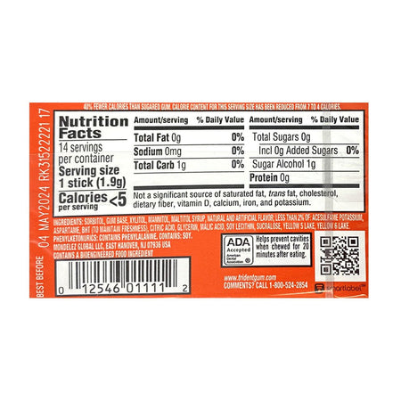 Trident Tropical Twist Sugar Free Gum - 14 sticks - All Travel Sizes