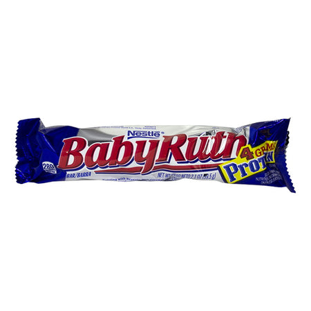 Packaging of Baby Ruth Chocolate Bar showing the bar's name and the Nestlé logo, with a blue and silver color scheme.