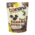 A package of Barnana Dark Chocolate Dipped Banana Bites. The packaging is predominantly brown and yellow, with images of bananas and dark chocolate pieces.