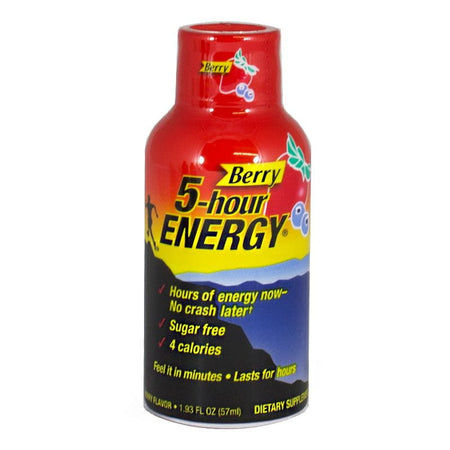 A bottle of 5-Hour Berry Energy Drink with red, yellow, and blue label colors.