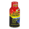 A bottle of 5-hour Energy drink in Pomegranate flavor. The bottle is red with a graphic of a mountain and text highlighting the energy providing properties of the drink.
