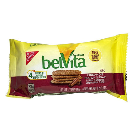 A packet of BelVita Cinnamon Brown Sugar Breakfast Biscuits, showing the product and its packaging with graphics and text.