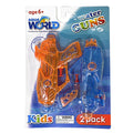 Two water guns in orange and blue color packaged in a blister pack labeled 'Aqua World Water Guns', suitable for kids.