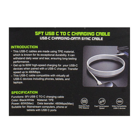 Esoulk Fast Charge USB C to C cable - 5 ft. - All Travel Sizes