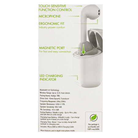 Hottips White Wireless TWS Stick Earbuds w/Charging Case - All Travel Sizes