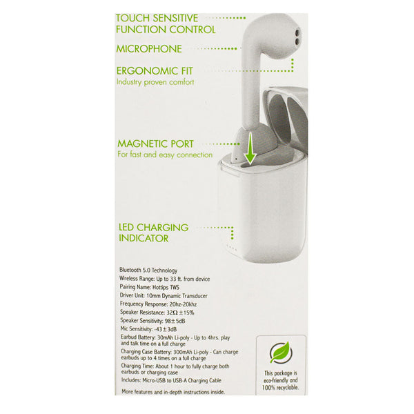 Hottips White Wireless TWS Stick Earbuds w/Charging Case