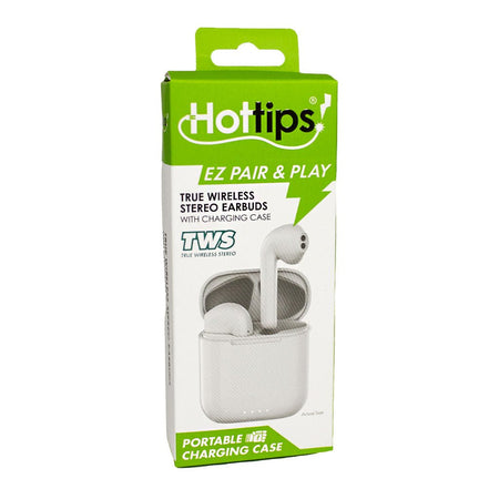 Hottips White Wireless TWS Stick Earbuds w/Charging Case - All Travel Sizes