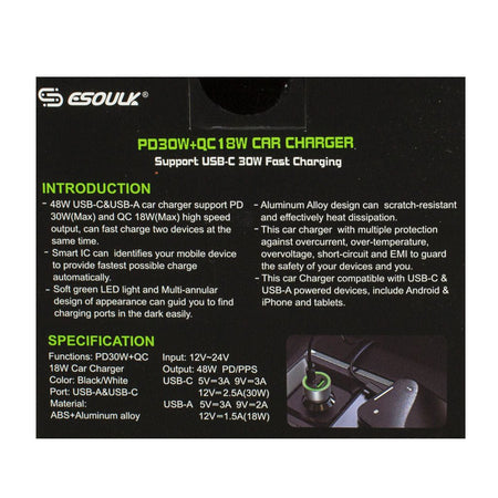 Esoulk Fast Car Dual Charger PD + QC - 48 W - All Travel Sizes