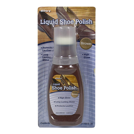A bottle of Allary brown liquid shoe polish in packaging, designed for shining and protecting leather shoes.