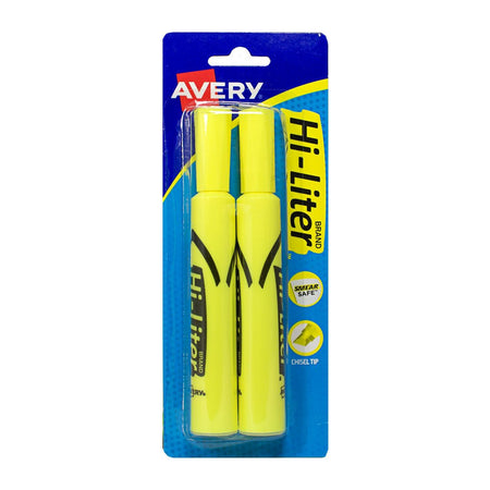 A card of two yellow Avery highlighters with chisel tips, packaged in a blue and white blister pack.