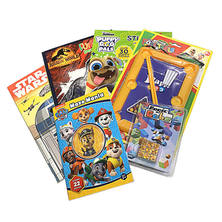 Collection of children's activity books and games.