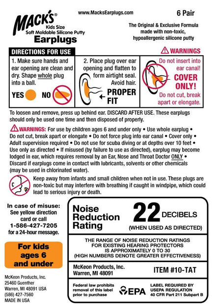 Mack's Soft Moldable Silicone Putty Kids Size Earplugs - 6 Pairs - All Travel Sizes