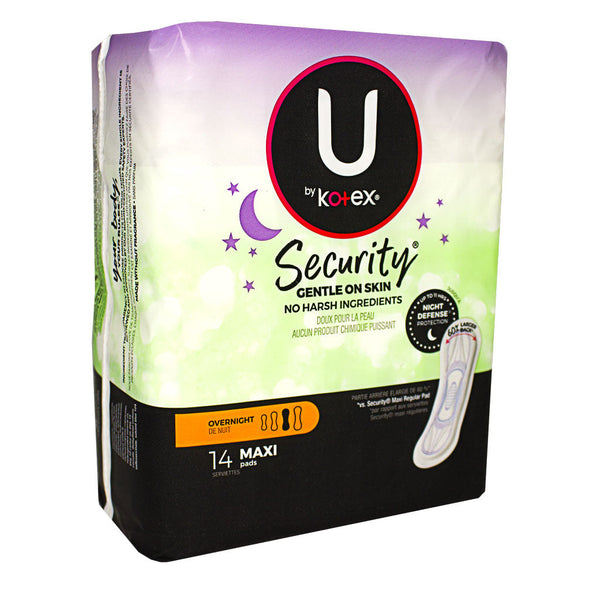 U by Kotex Security Maxi Overnight Pads, Regular, Fragrance-Free, 14 Count  : : Health & Personal Care